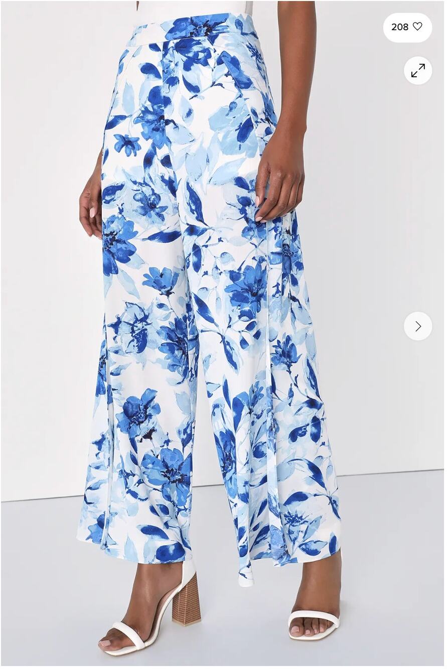 LULU'S NWT Cheery Charm Blue White Floral Print Flyaway Wide-Leg Pants // M